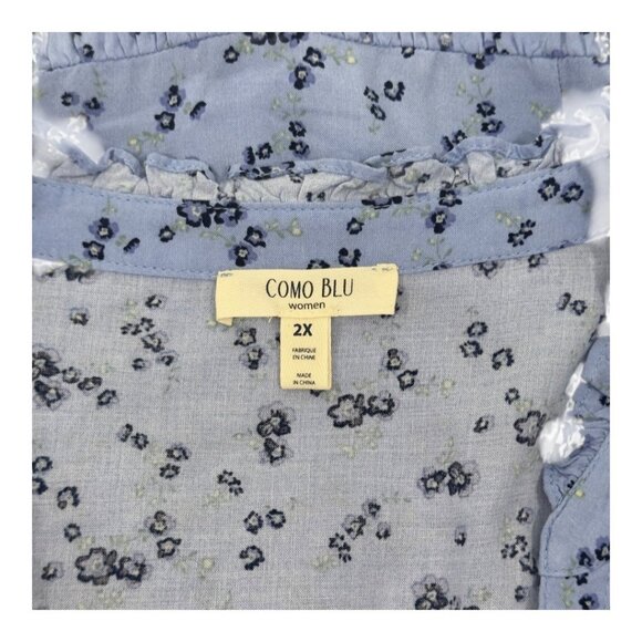 Como Blu Womens 100% Rayon Blue Floral Print Top Blouse SZ 2X V-Neck 3/4 Sleeve - Picture 2 of 12